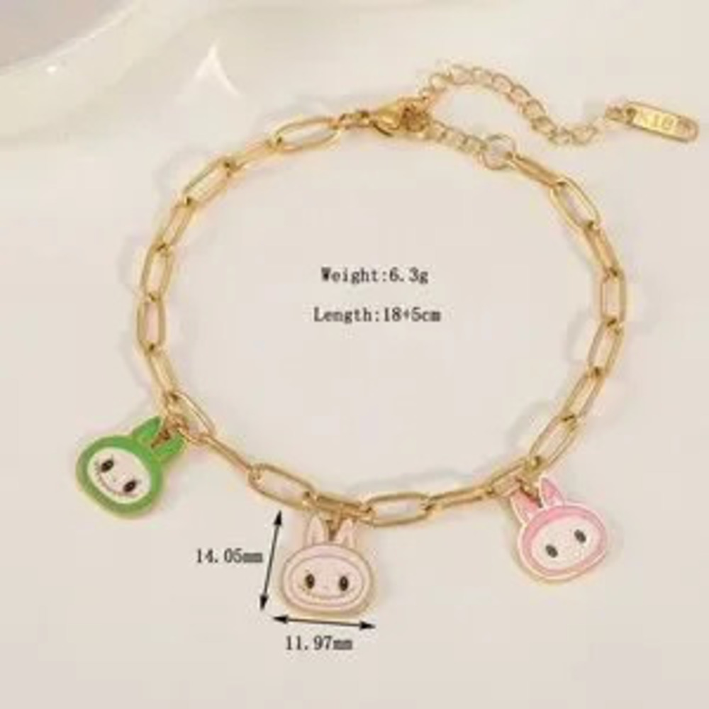 Labubu Inspired 14K Gold Theme Heads Paper Clip Link Charm Bracelet No Fade